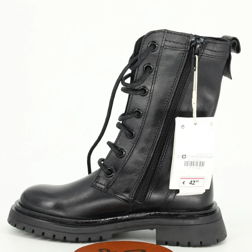 Zara Girls Black Leather Lace Up Side Zip Combat Boots Size 12.5 Ankle Boots NWT